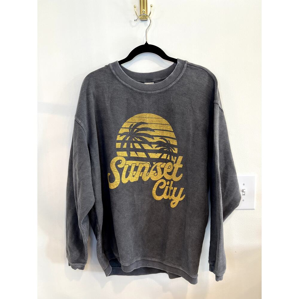 Chicka-d Sunset City Graphic Sweatshirt Gray Ribbed Pullover L
